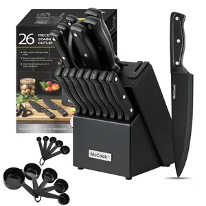 DISHWASHER SAFE MC701 black Knife Sets of 26, Stainless Steel Kitchen Knives Block Set with Built-in Knife Sharpener, Measuring Cups and Spoons