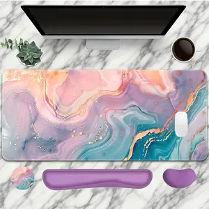 Abstract Swirl Pattern Mouse Pad With Wrist Rest Set 4PC Light Cyan Large Gaming Mouse Pads Oil Painting Style Mouse Pad For Desk XXL Non-Slip Rubber Base Desk Pad Keyboard Mat For Office Home Desktop Protector Decor Mousepad Desk Mat Mousepads Aesthetic