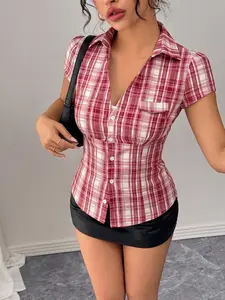 Women's Vintage College Style Plaid Shirt Blouse, Short Sleeve Loose Fit, Streetwear Party Top, Office Daily Wear, Modern Fashion Gift