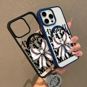 Baseball Bow MAMA Pattern Premium Magnetic Phone Cases for iPhone 17 Air 16 15 14 Pro Max Plus 13 12 11 Shockproof Acrylic Cover Cellphone Protective Magsafe Case Aesthetic Resistance Casing