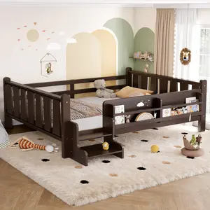  [Bellemave] Wood Floor Platform Bed Frame| Storage Bookcases| Cute Two-Step Stairs| Safety Guardrails| No Box Spring Needed