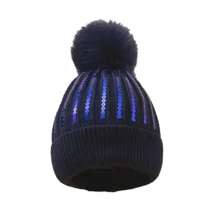 Fashion Culture Women's Fashionable Sequin-Stripe Knit Beanie with Pom Pom - Navy Blue, Great for Night Out, Colder Months, Running Errands, Any Outfit
