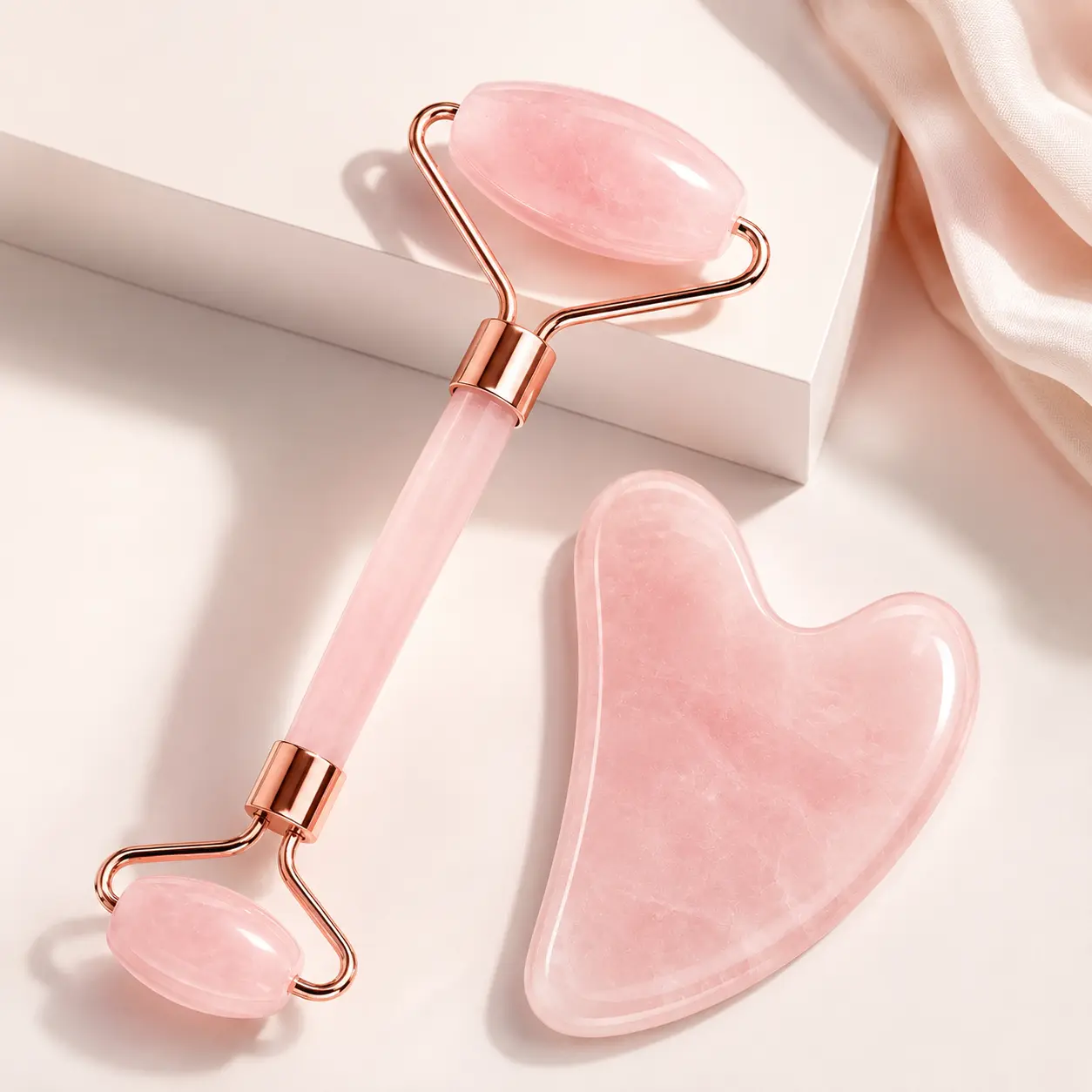 Rose Quartz Facial Roller & Gua Sha Set – Natural Crystal Face Massage Tools for Skin Glow & Relaxation