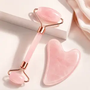 Rose Quartz Facial Roller & Gua Sha Set – Natural Crystal Face Massage Tools for Skin Glow & Relaxation