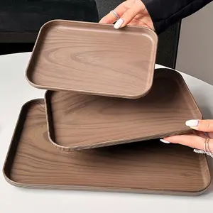Wood Grain Plastic Tray, Short Multi-Purpose Tray with Oak Design, Lightweight Durable Kitchen Countertop Decor, Home Hotel Cafe Art Decoration, Salad Serving Plates