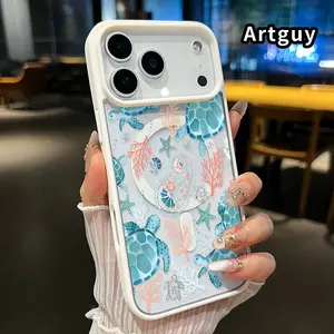 Magnetic Phone case for iPhone 17 16  Pro Max Plus 15 14 13 12 11 Air E Cyan Turtle Pattern Non-Yellowing Shockproof Soft Silicone Transparent Acrylic Cover Supports Wireless Charging