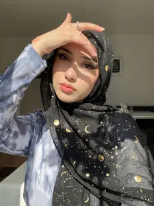Classic Solid Color Hijab for Women, Head Scarf, Gold Foil Feather Decoration Jersey Hijab, Soft Breathable Fabric, Ramadan Fashion
