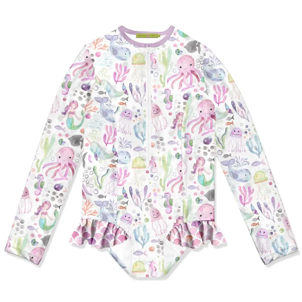 Millie Loves Lily Girls Pink Octopus Sea Zip Front Rash Guard,  UPF 50+