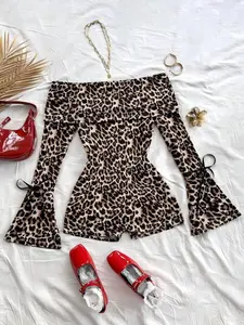 Women's Vacation Knit Leopard Off-Shoulder Long Sleeve Bell Sleeve Bow Romper Casual, Spring & Fall Fashion, Fitted Pattern, Leopard Print Romper