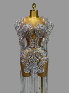 Sparkly Rhinestones Tassel Mesh Transparent Short Dress Women Evening Party Luxury Birthday Nightclub Singer Stage Costume
