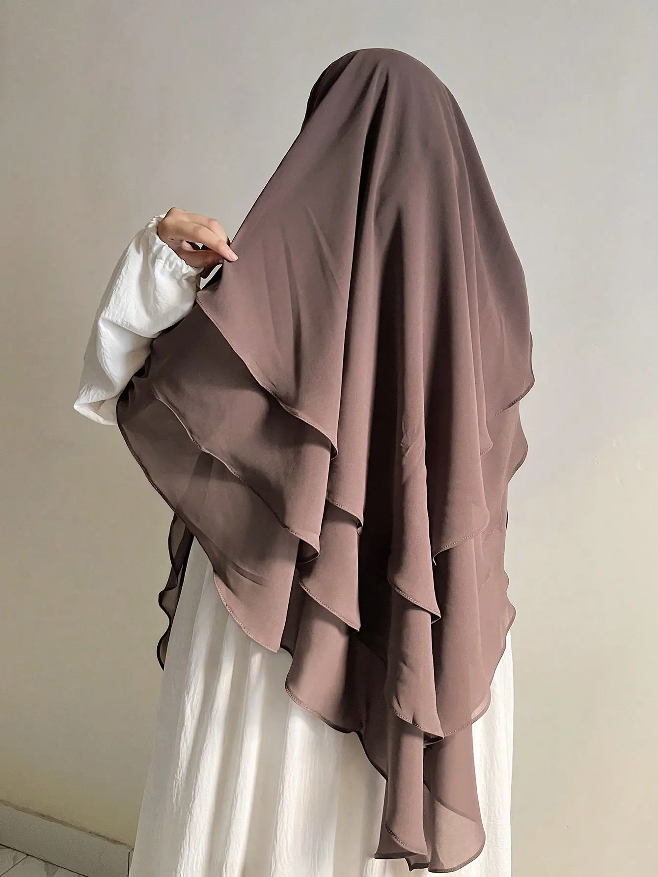 3cengxuefangmiansha（Three-Layer Brown Chiffon Khimar Hijab, Elegant Muslim Modest Headwear）