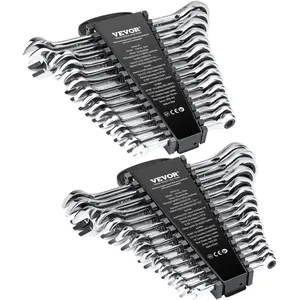 VEVOR Combination Wrench Set, 30-Piece Ratcheting Wrench Set with Organizer Rack, Cr-V Steel Wrench Set SAE 1/4" to 1", Metric 8 mm to 24 mm, Ideal for General Household, Garage, Workshop, Emergency