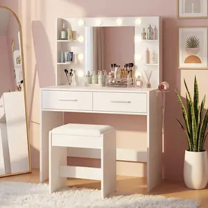 FURMAX Makeup Vanity Set with Lighted Mirror, Makeup Vanity with 2 Drawers, Vanity Desk with Chair for Bedroom & Dressing Room FURMAX Makeup Vanity Set with Lighted Mirror, Makeup Vanity with 2 Drawers, Vanity Desk with Chair for Bedroom & Dressing Room
