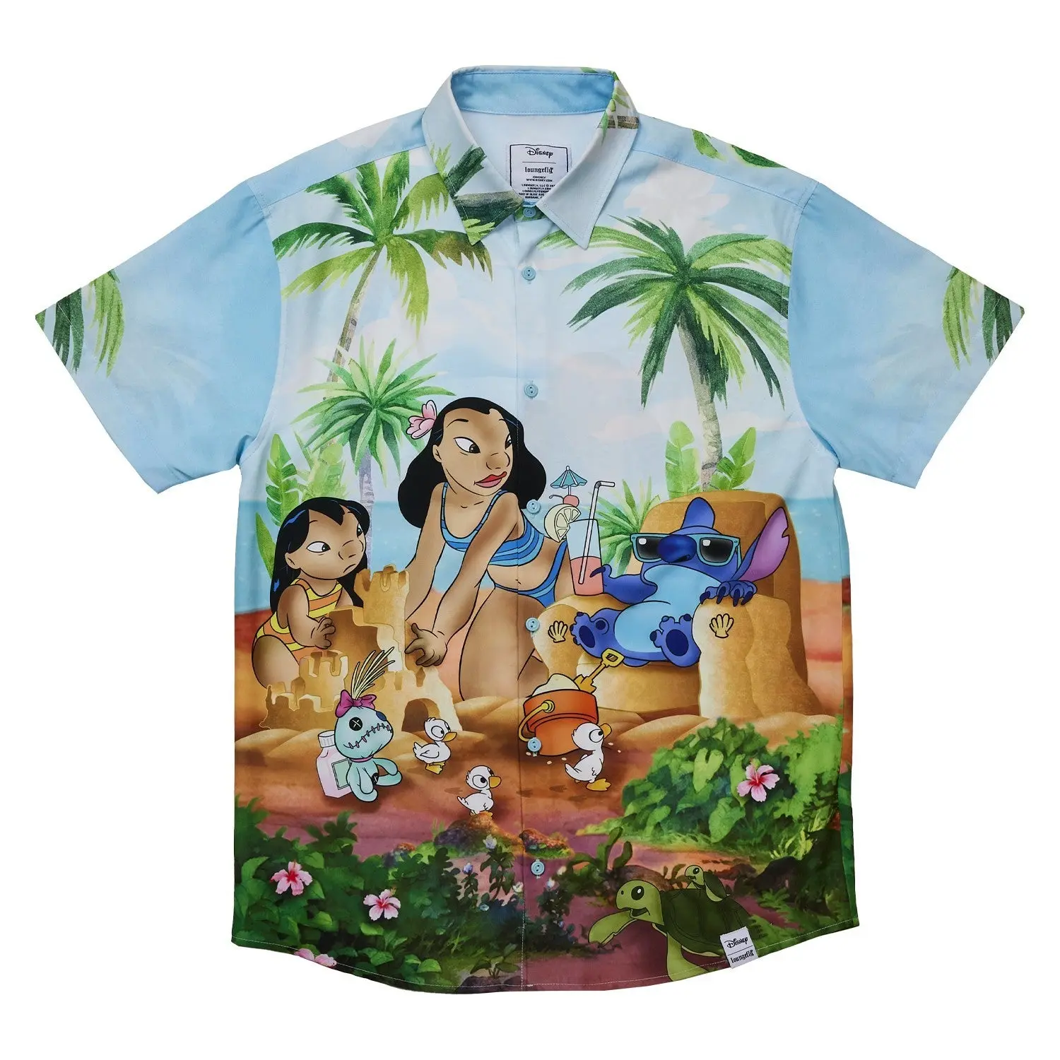 Men's Lilo & Stitch Tropical Colorful Ducks Print Menswear Camp Shirt, Unisex Beach Scene Top, Shortsleeve, Collared, Polyester, Multicolor, Button Down, Unisex Cut, Tops
