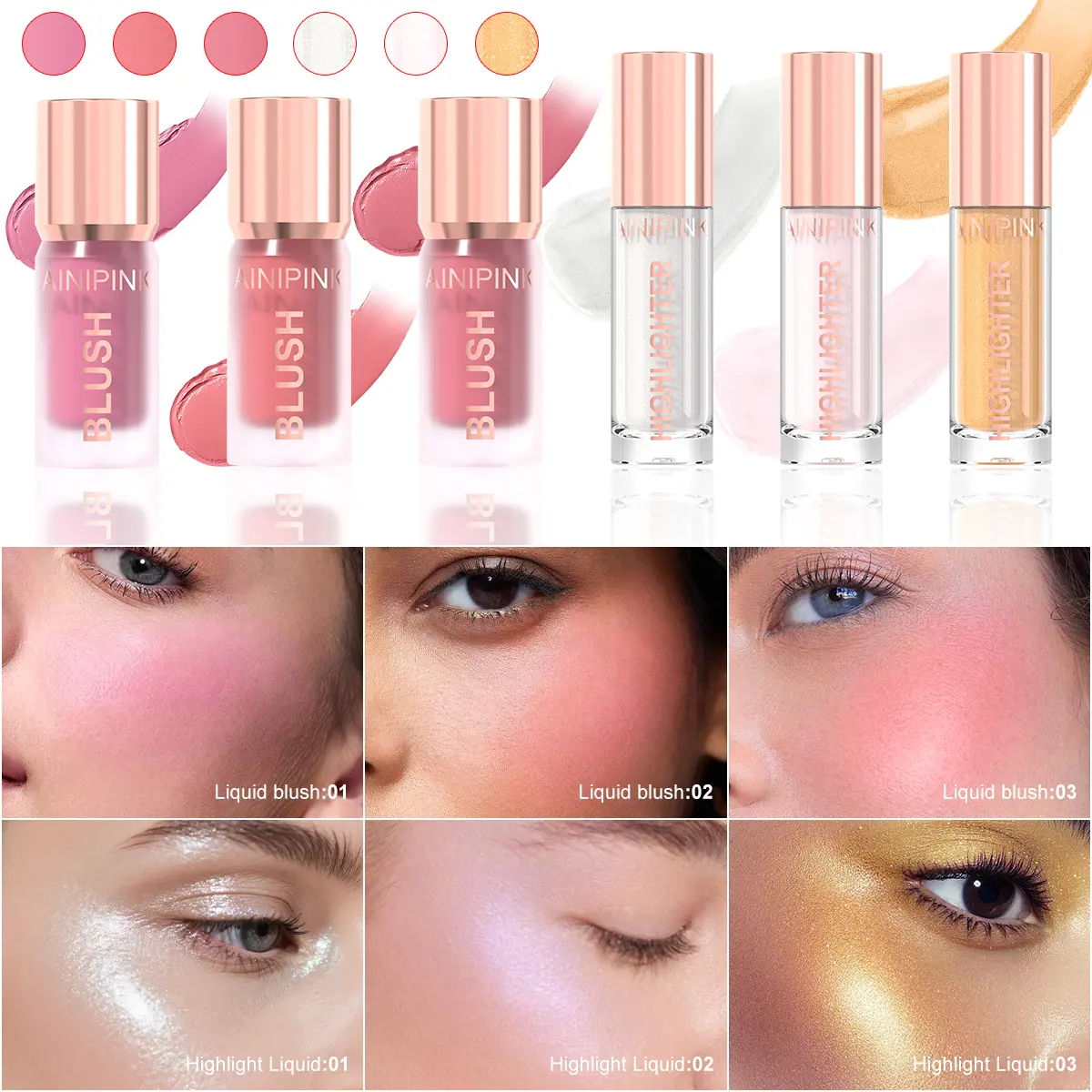 6Pcs Smooth Liquid Blushes Makeup Set Waterproof Long Lasting Cosmetic Moisturizing Natural Pearly Blushes Highlighter Suitable For Beginner