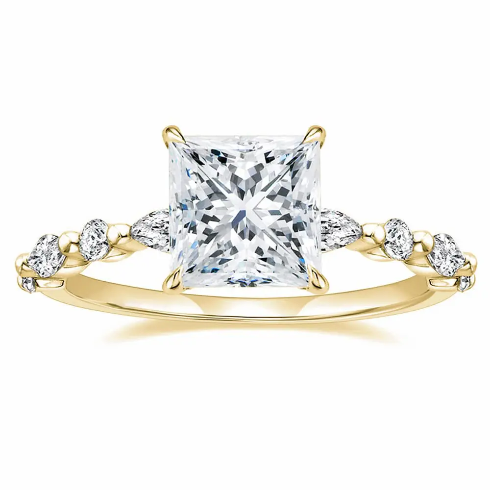EAMTI 14K Gold Plated Ring 2CT Princess Cut CZ Engagement Ring Marquise & Round Cubic Zirconia Wedding Band for Women