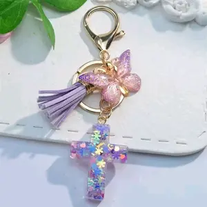 Cross Butterfly Keychain Cute Resin Christian Keyring with light Purple Tassel Key Accessories Gift for Her 4.5 Inches Compact Stylish Design