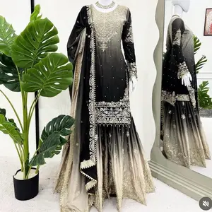 Indian Sharara Suit Women's Wear Comfort Dress - Casual Summer Maxi Long Sleeve Black & Gold Embellished Ensemble - Womenswear