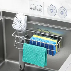 3-in-1 sponge holder, suitable for kitchen sink, 2 hanging options (suction cups and adhesive hooks), hanging sink storage rack - sponge, dishcloth, brush, soap tray, 304 stainless steel
