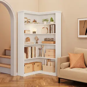 L Shaped Corner Bookshelf 5 Tier Industrial Wood Bookshelf Storage Cabinet Tall Metal Frame Corner Stand Kitchen Bakers Rack Microwave Cart Plant Display Shelf Home Office Furniture Living Room Library Organizer White Rustic Brown