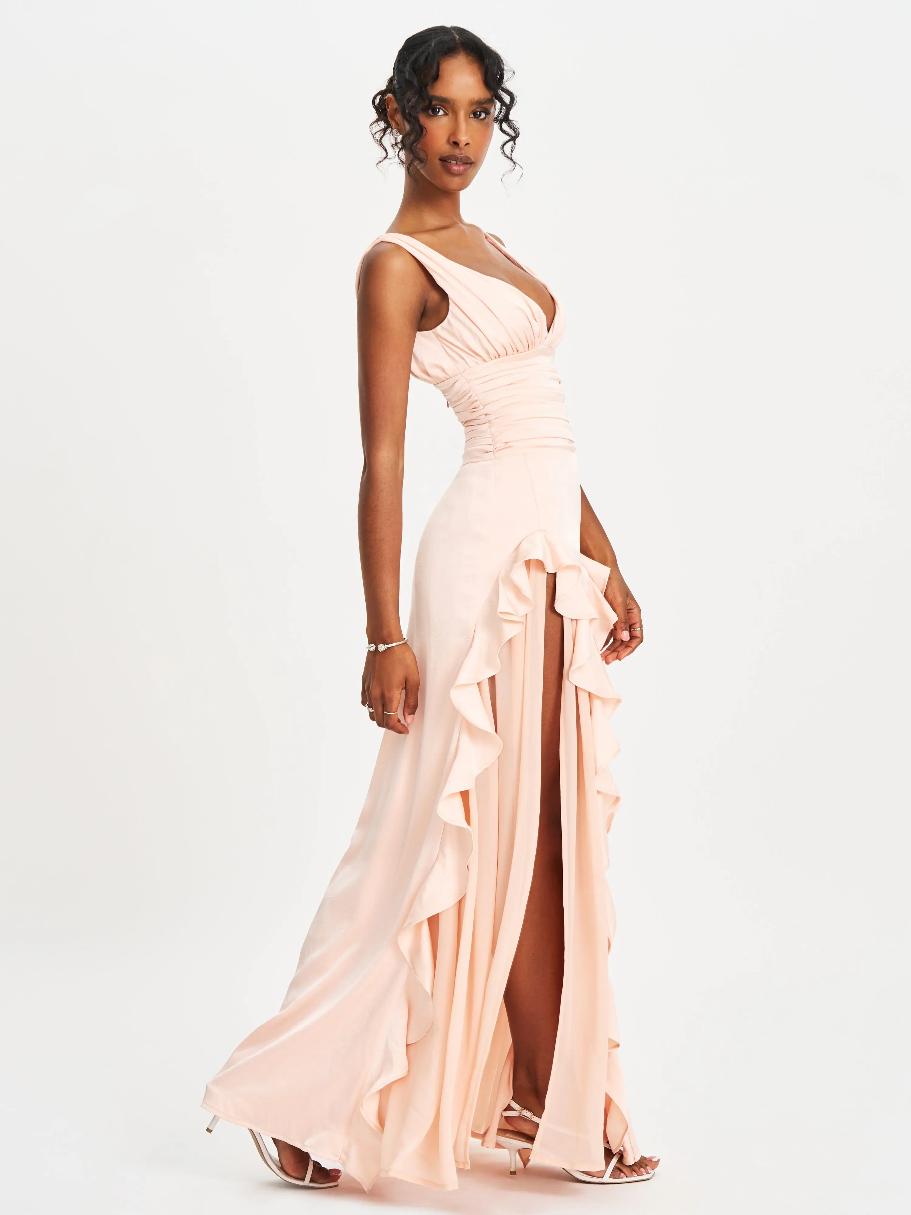 Talyssa Baby Pink Ruched Waist Double High Slit Maxi Gown (Archive Sale) -  TikTok Shop