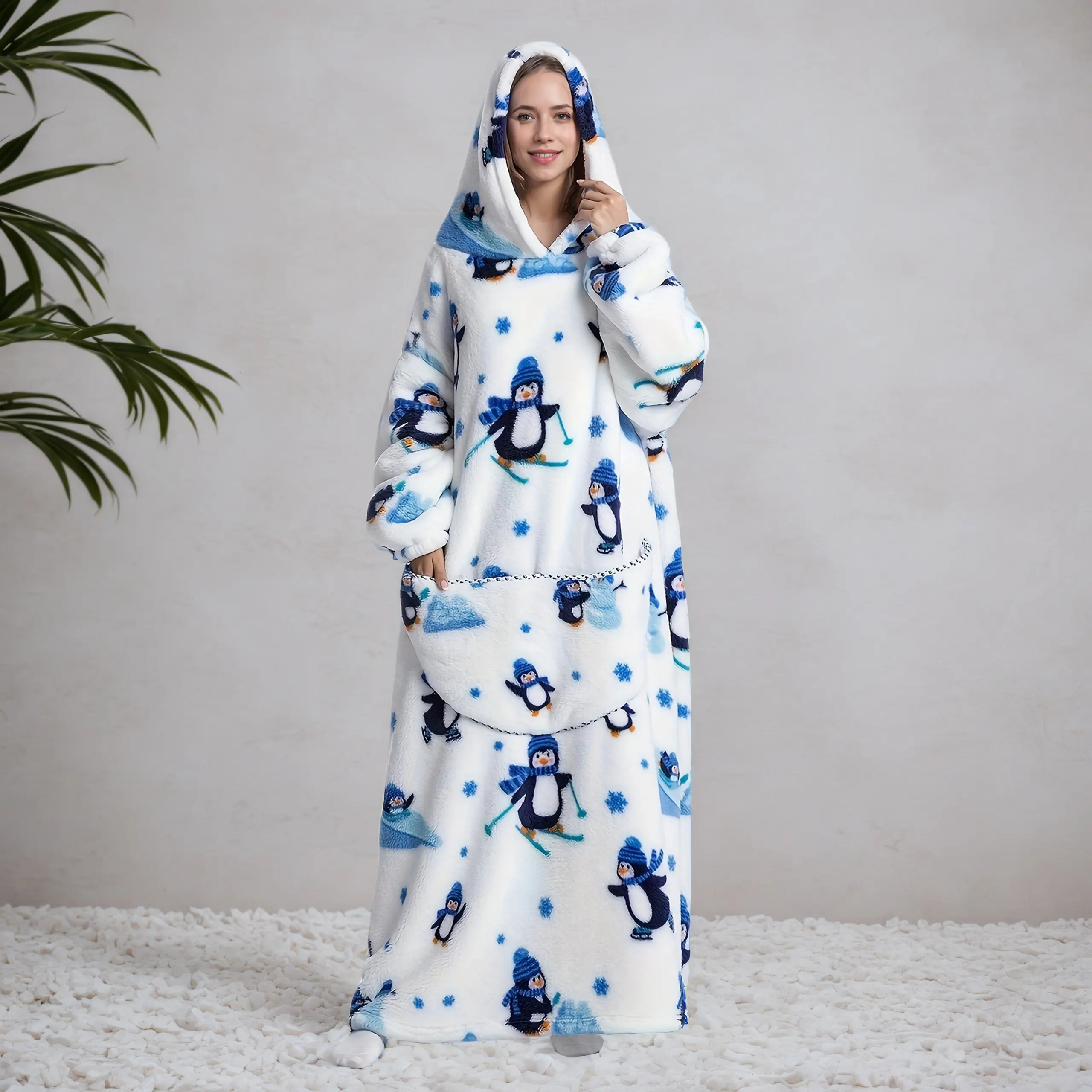 Women's Cute Oversized Wearable Blanket Hoodie - Soft Fleece, Sleeves, Large Pocket, Print Design - Cozy Warm Home Relaxing Loungewear Bathrobe, Pockets