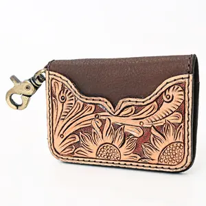 American Darling Hand Tooled Floral Carved Leather Key Ring Vegetable-Tanned Full Grain Genuine Leather with YKK Zipper