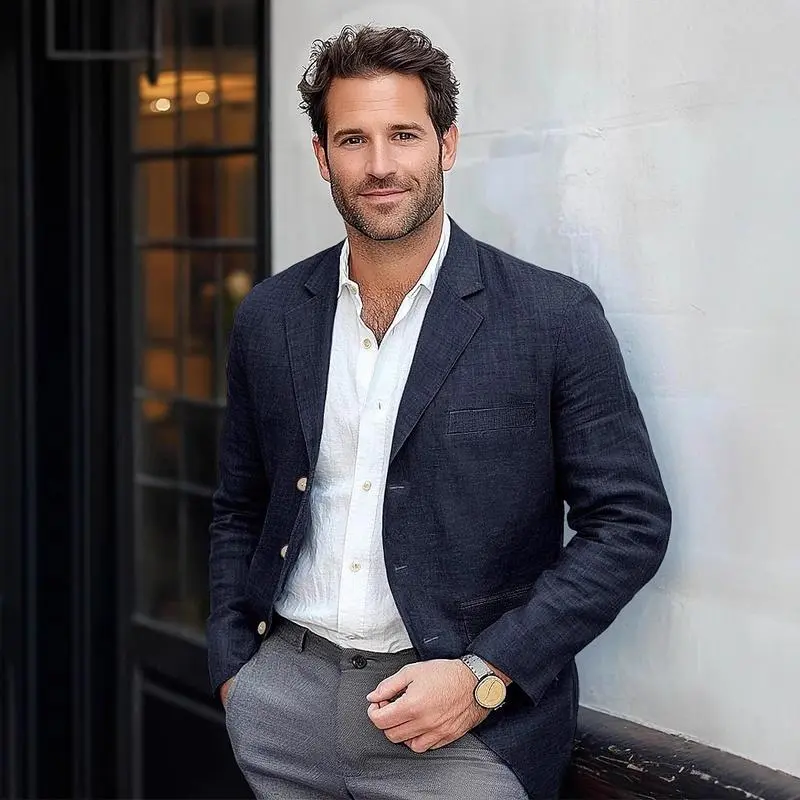 Men's Blazer Jacket Cotton Linen Coats Regular Fit Two Buttons Herringbone Suit Jackets Formal Long Sleeve