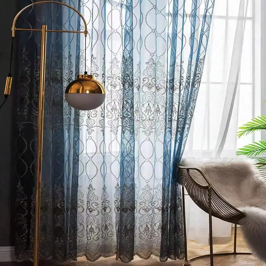 European Retro Blue Jacquard Embroidered Sheer Curtain, Lightweight Luxury Drapes, Home Decorative Curtain for Living Room, Bedroom, Balcony, Embroidered Curtains