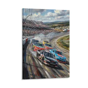 Frameless Canvas Wall Art, Printed Oil Painting Style, Dynamic NASCAR Race Cars Track Scene, Colorful Decor for Home Living Room Bedroom Office