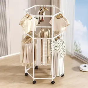 Mobile double-layer clothes hanger, bathroom storage rack, balcony clothes hanger, rotatable floor-standing clothes hanger, simple multi-layer clothes hanger and storage rack for living room, hexagonal multifunctional household balcony clothes hanger