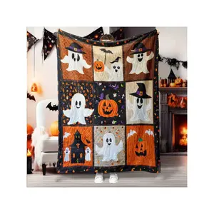 1pc Halloween Patchwork Flannel Blanket - Soft, Lightweight & Warm For All Seasons - Perfect For Bed, Sofa, Office, Camping & Travel - Versatile Gift Idea: Bed Throw, Couch Cover, Couple's Blanket, Decorative Throw-30*40in