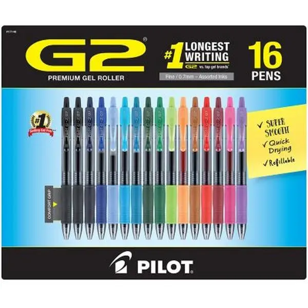 Pilot G2 Retractable Gel Pens Set - 0.7mm Fine Point, Assorted Ink, 16-Pack Ink Gel Pens for Precise Writing & Daily Use