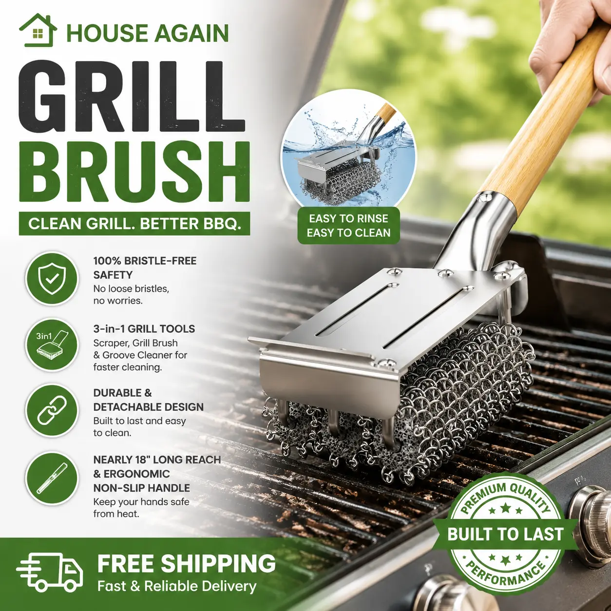 HOUSE AGAIN Grill Brush Bristle Free, 304 Stainless Steel Food-Grade Brush Head with Scraper, Safe BBQ and Grill Grate Cleaner Non Wire, Outdoor Grill Cleaning Brush w/Wooden Handle Gift for Men/Dad tiktokshopspringglowup summervibes, summerwins,summerwin