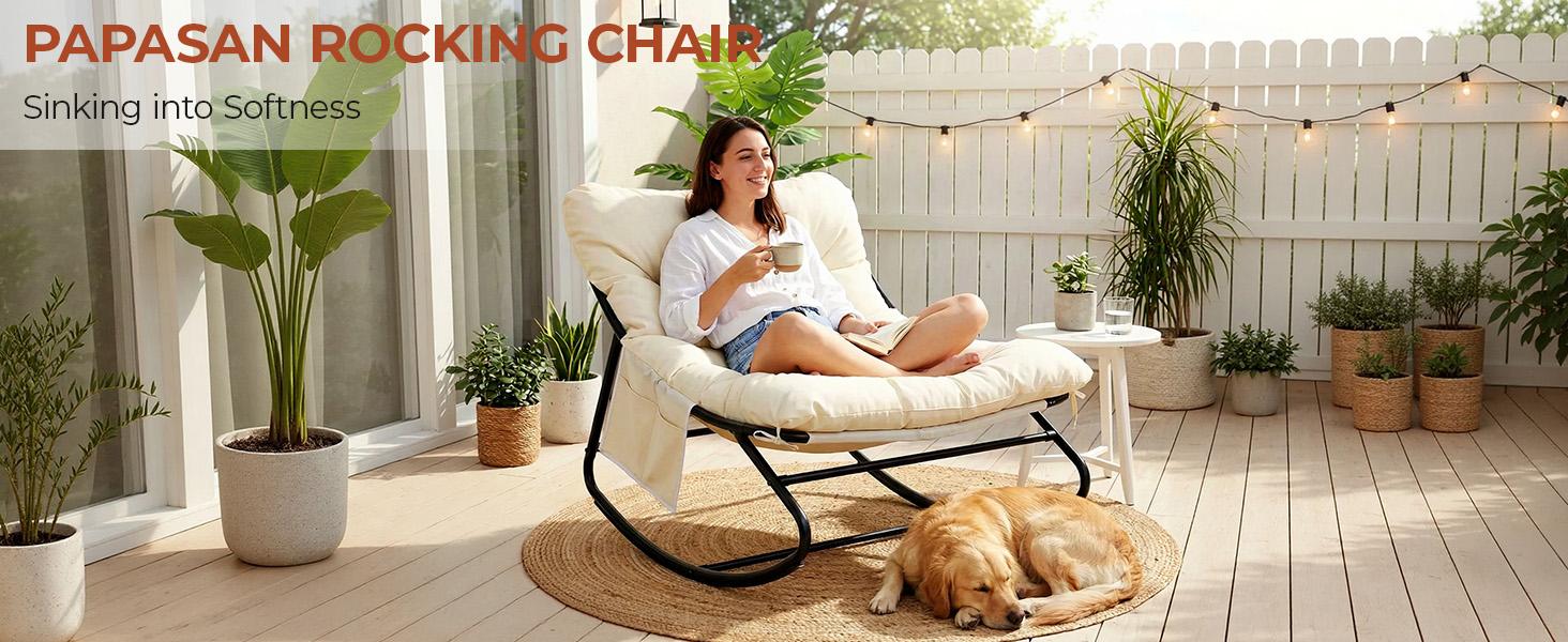 Arlopu Patio Papasan Outdoor Rocking Chair with Thick Cushions, Cozy Patio Lounge Chair for Porch, Garden & Backyard, home decor, camping essentials homeessentials