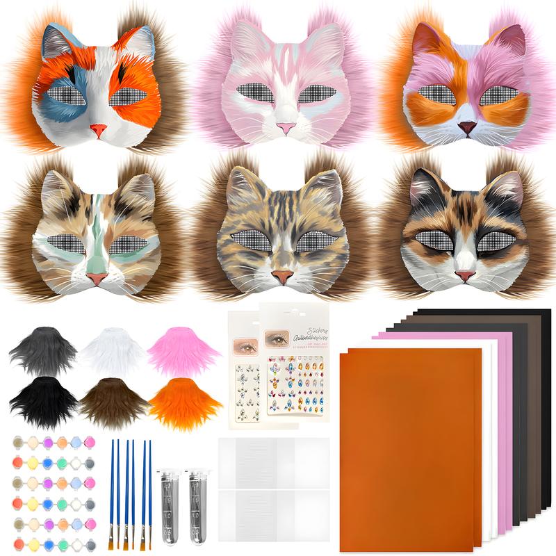 35 DIY Therian Mask Kit - 6PCS White Cat Animal Masks with Furs, Eye Mesh, 12-Color Paints, Whiskers & Brushes for Creative Cosplay Halloween Masquerade Party