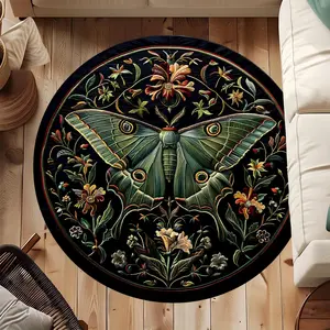 Vintage Moth Floral Round Carpet, Large Bohemian Area Rug for Living Room Bedroom, Washable Foldable Non-Slip Shaggy Mat, Home Decor