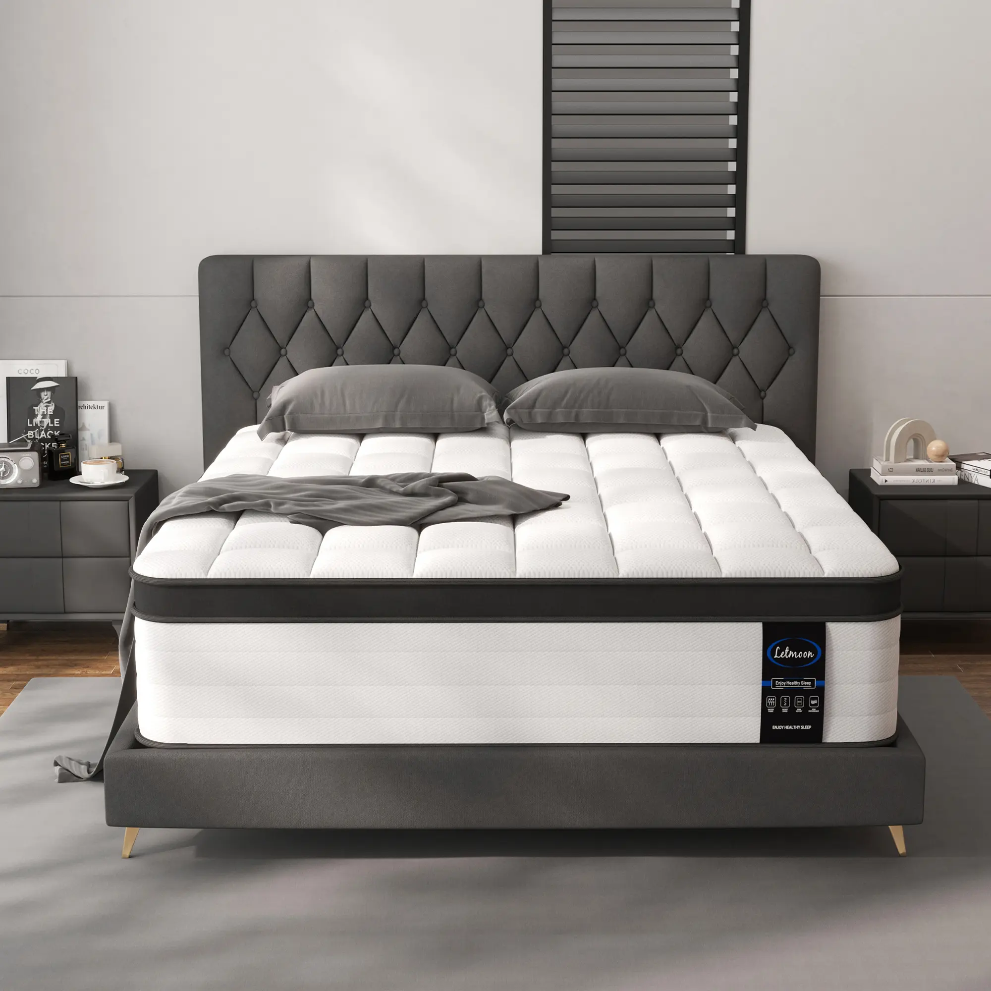 LETMOON 12/14 inch Queen/King/California King Size Hybrid Mattress with Lumbar Support High Quality Spring Mattress in a Box,Medium Firm Memory Foam & Pocket Springs,Fiberglass Free,Strong Edge Support,Pressure Relief,Cooling Gel Memory Foam,Box Delivery