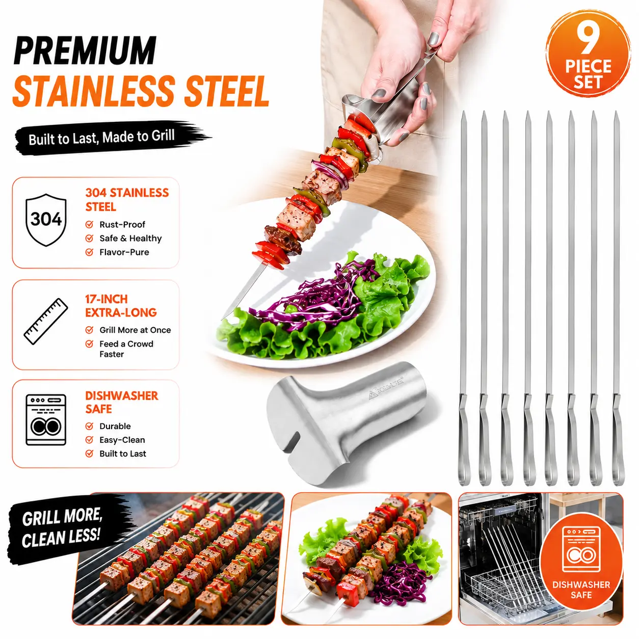 SOLEADER  17 Inch 9-Pack Stainless Steel Skewers for Grilling -  Metal Kabob Skewers with Pusher Handle, Dishwasher Safe, for Chicken Beef Shrimp Veggie BBQ & Camping Barbecue Accessories Utensils grills blackstone grill