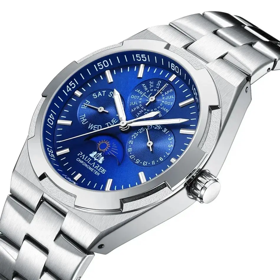 Luxury Watch for Men Luminous Rose Gold Blue Quartz Overseas Moon Phase Stainless Steel Wristwatches