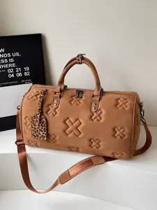 Vintage Suede Cross Embossed Large Capacity Travel Tote Bag, Leopard Pattern Handle Luggage, Short Trip Fitness Shoulder Bag, Marled Style Airport Bag, Travel Duffel Bag