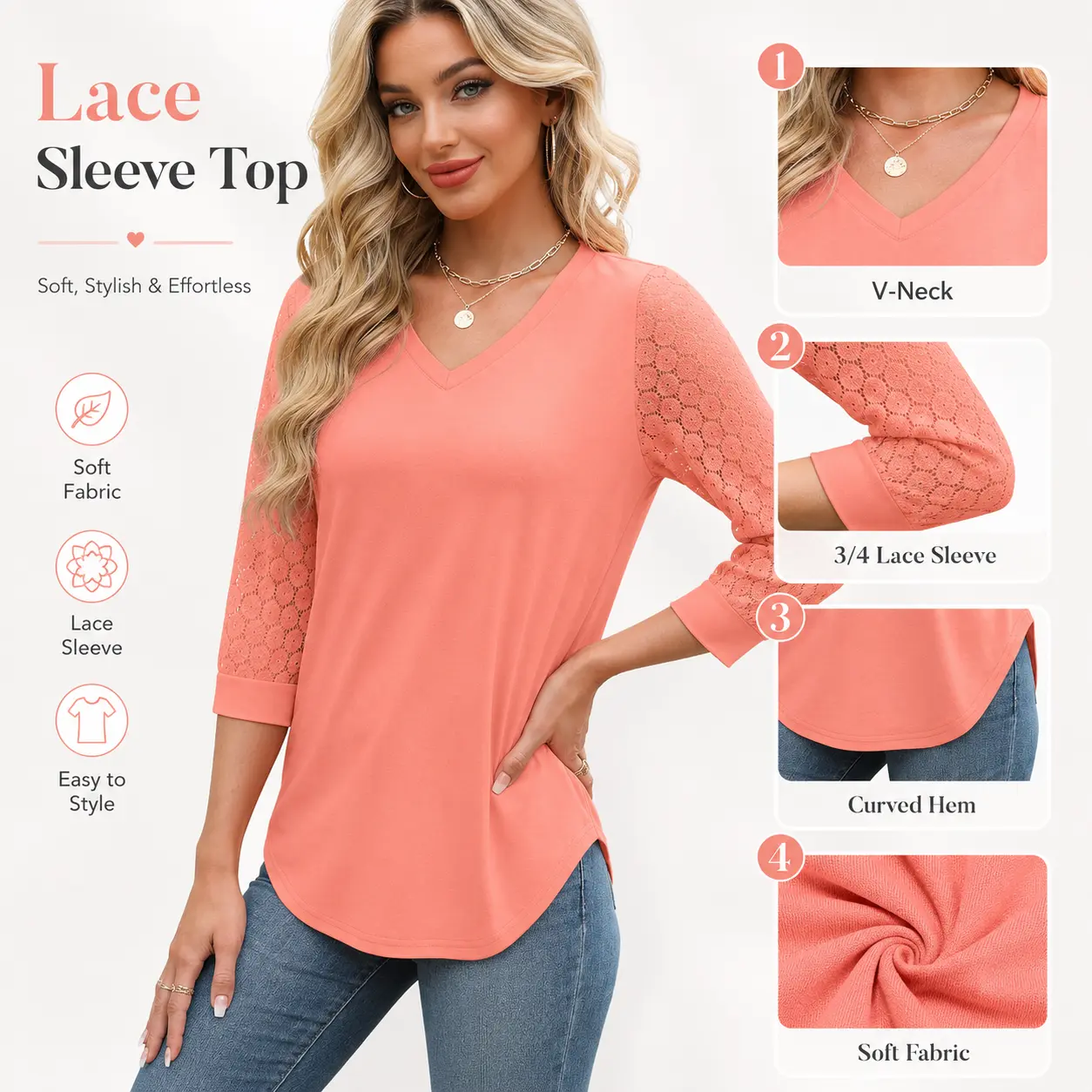 WIHOLL 3/4 Length Sleeve Womens Tops V-Neck Lace Tunic Tops Business Casual Blouses 2026 Elegant Womenswear