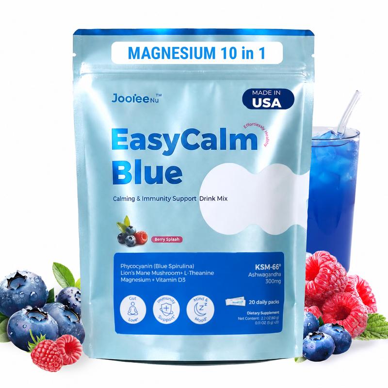 Jooiee Nu EasyCalm Blue-Detox Adaptogenic Supplement - Natural, KSM-66 Ashwagandha, Magnesium, Blue Spirulina - 20 Servings, Energy, Cortisol Balance, Gut/Mood Support, Anti-Oxidants, Reduce Bloat, Brightening, Sugar-Free, Immune/Metabolism Boost