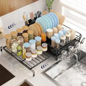 Dish Drying Rack - Expandable Dish Rack for Kitchen Counter, Large Capacity Dish Drainer, Stainless Steel Dish Strainer with Utensil & Cup Holders, Black