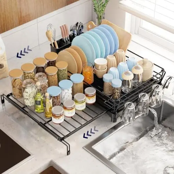 Dish Drying Rack - Expandable Dish Rack for Kitchen Counter, Large Capacity Dish Drainer, Stainless Steel Dish Strainer with Utensil & Cup Holders, Black
