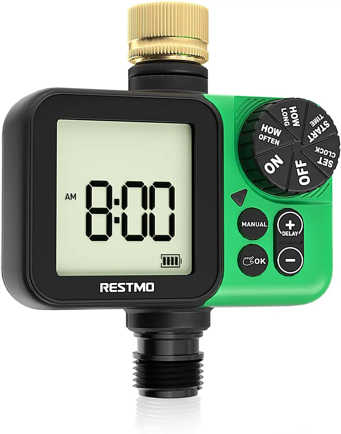 RESTMO LCD Screen Oversized Programmable Outdoor Faucet Water Timer - High Temperature Resistant, Metal Solid Brass Inlet, 11h59m Max Leak-Proof, 1h-7 Days Intervals, Auto-Manual-Rain Delay Modes for Lawns, Flower Beds, Programmable Water Timer
