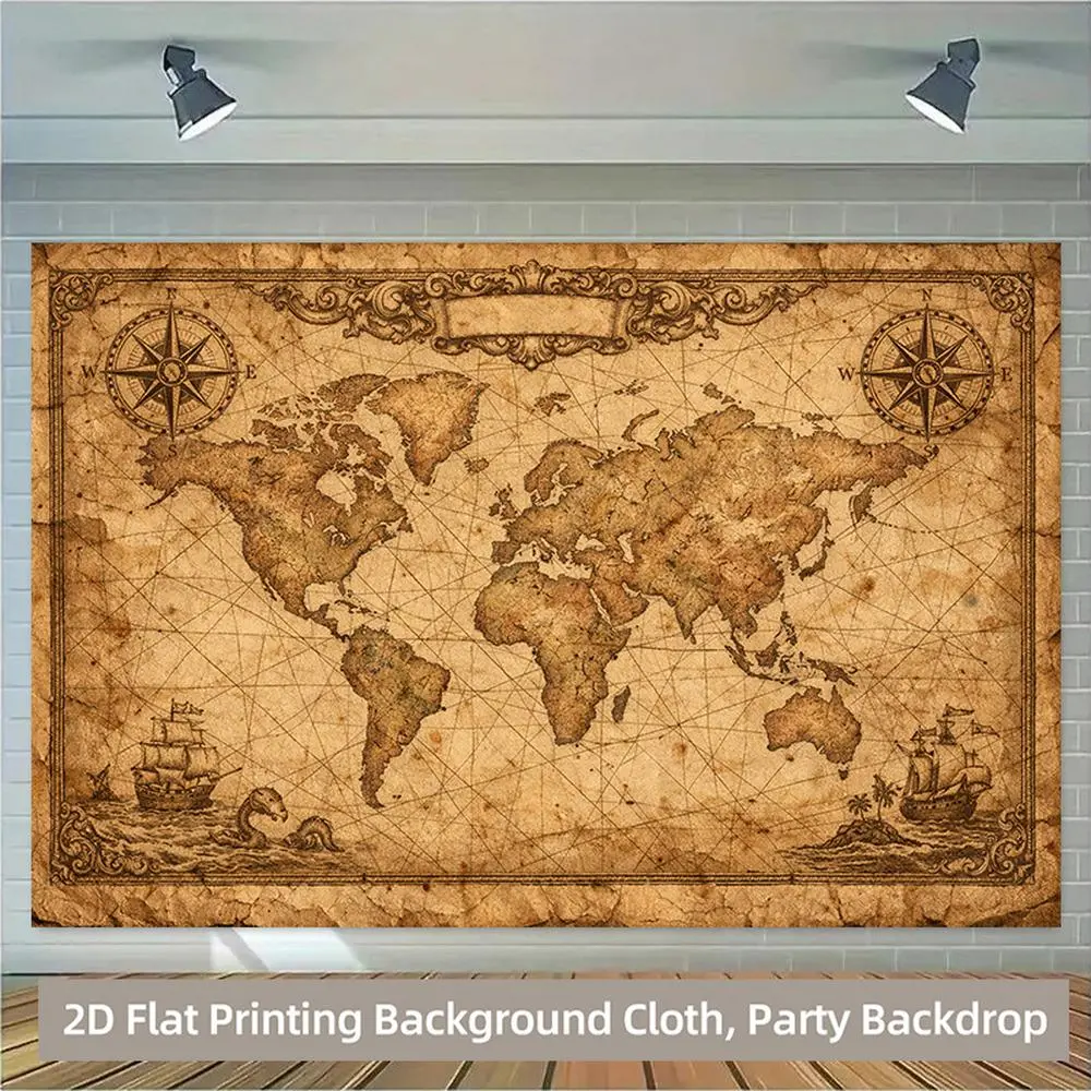 1PC Polyester 2D Flat Backdrop - Vintage World Map Print Reusable Banner, Home Decoration, Birthday Party Supplies, Retro Nautical Wall Decor, Photography Background Cloth,summerwins