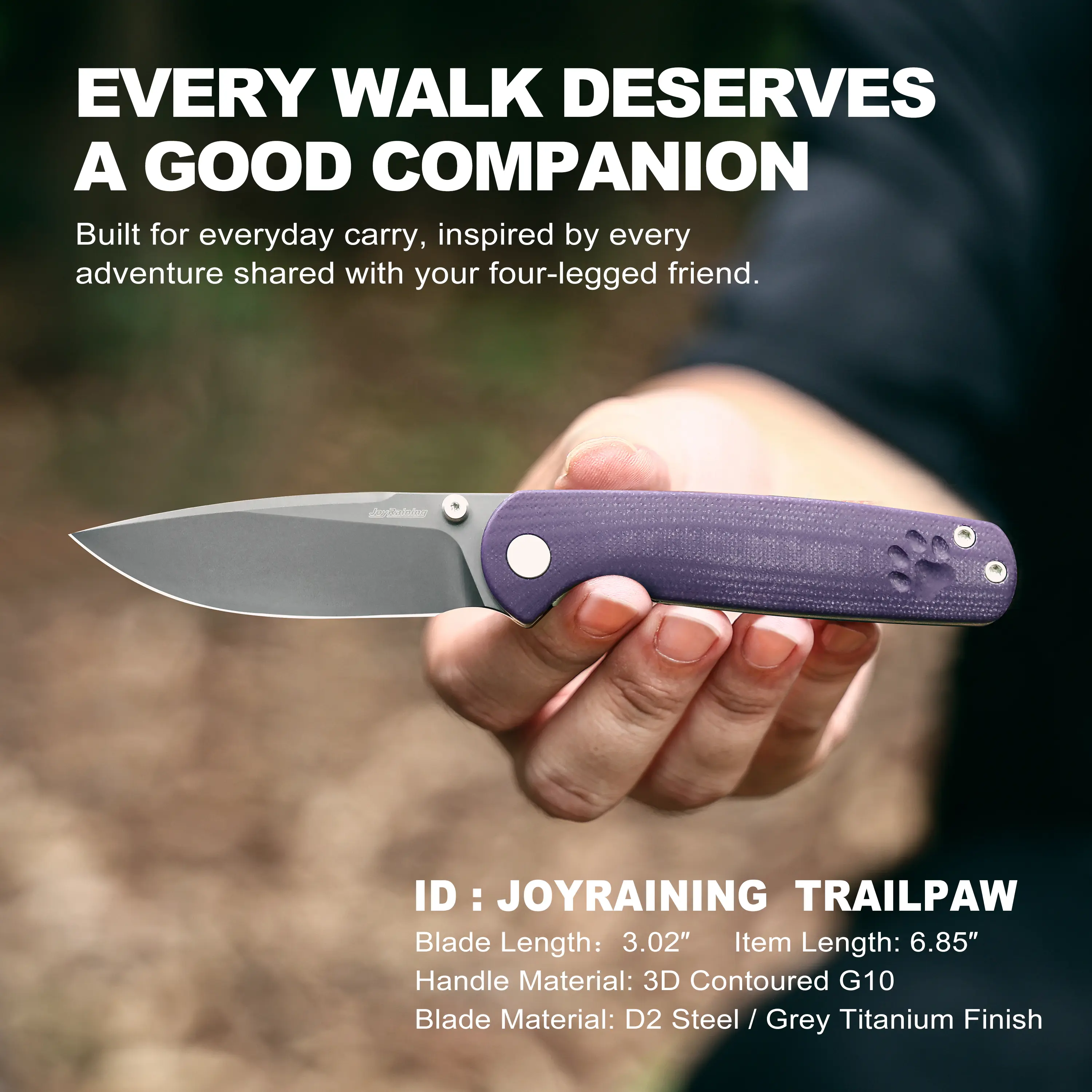 JoyRaining Trailpaw Folding Pocket Knife, D2 Steel Grey Titanium Blade, Ceramic Ball Bearing Pivot, Purple 3D Contoured G10 Handle, Liner Lock EDC Utility Knife, Dog-Walk Everyday Carry Companion, Gift for Men
