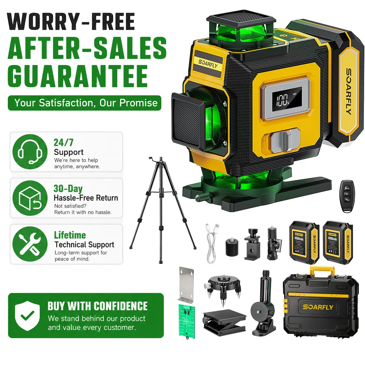 SOARFLY X16 Laser Level with Tripod, 4x360° Self Leveling Line Laser, 16-Line Green Laser, Cross Lines Tool with 2 Batteries for Tile, Picture Hanging, Home Renovation