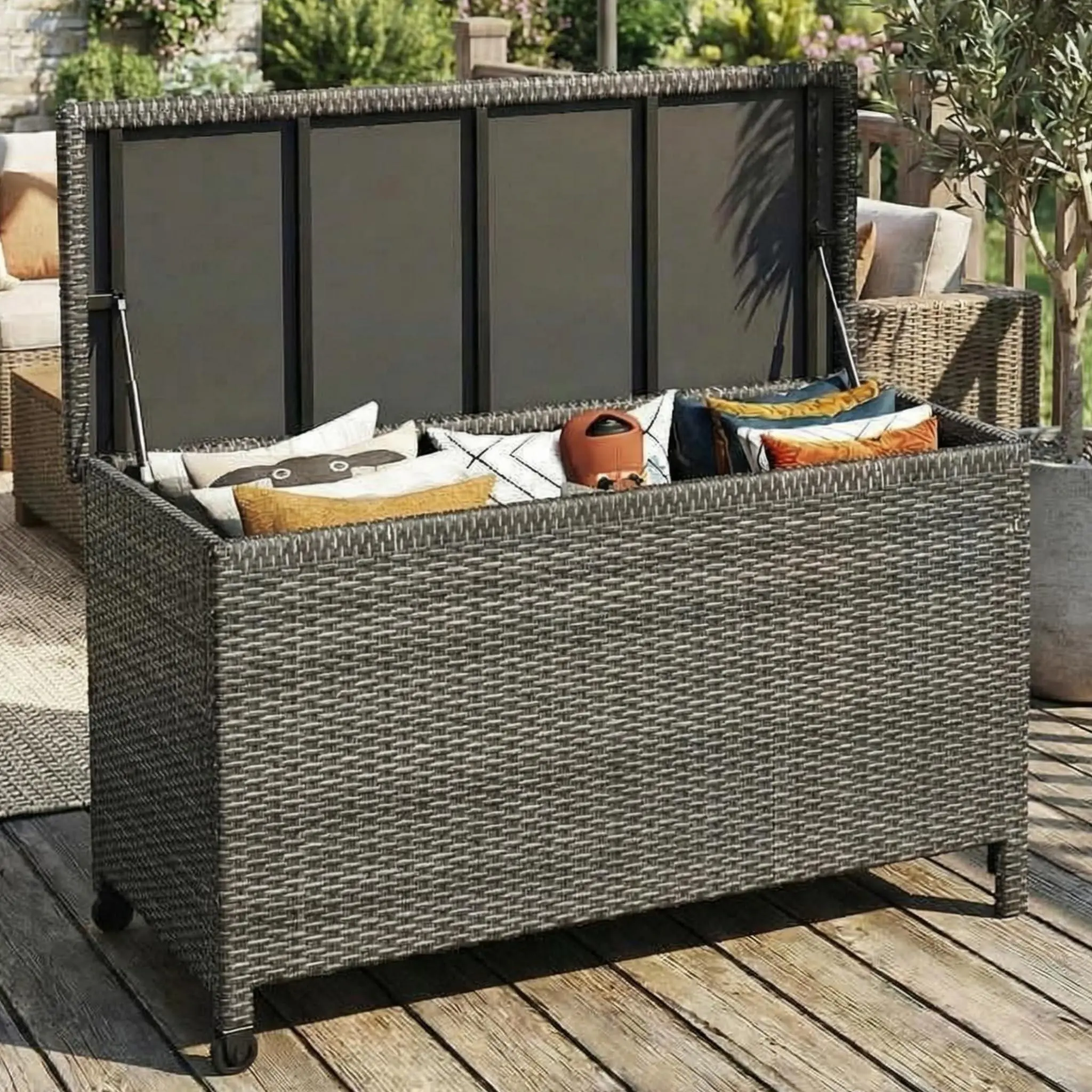 185 Gallon Outdoor Storage Box with Wheels - Large Wicker Rattan Deck Box for Patio Cushions, Garden Tools, Pool Floats & Pillows, All-Weather Patio Furniture Storage, Gary